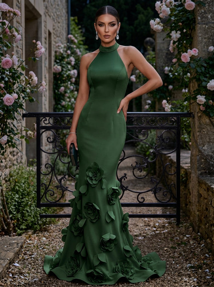 Jersey Mermaid Halter Evening Dresses with 3D Flowers