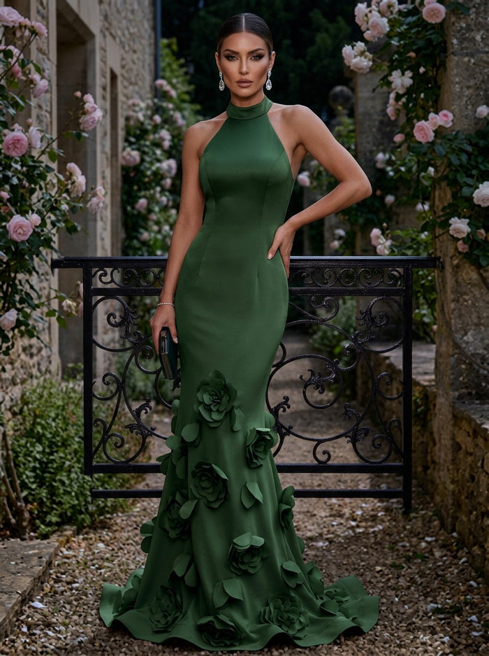 Jersey Mermaid Halter Evening Dresses with 3D Flowers
