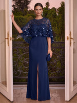 Sequin Sheath Crew Neck Evening Dresses with Caps