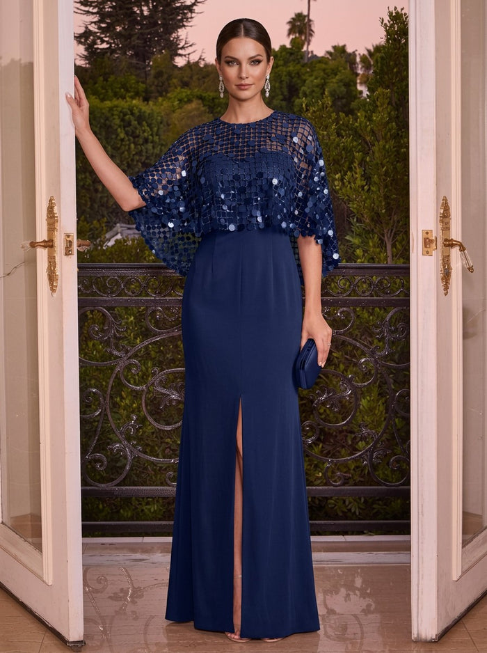 Sequin Sheath Crew Neck Evening Dresses with Caps
