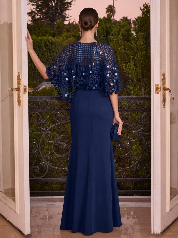 Sequin Sheath Crew Neck Evening Dresses with Caps