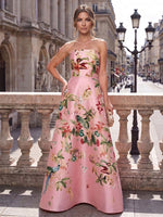Satin A-Line Strapless Evening Dresses with Floral Print