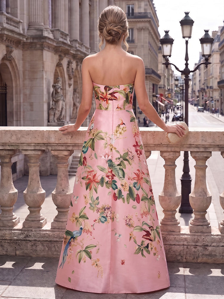 Satin A-Line Strapless Evening Dresses with Floral Print