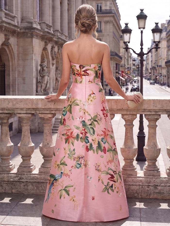 Satin A-Line Strapless Evening Dresses with Floral Print