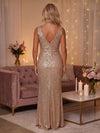 Sequin Mermaid V Neck Evening Dresses with Pleated