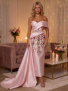 Satin Sheath Off Shoulder Evening Dresses with Floral Embroidery