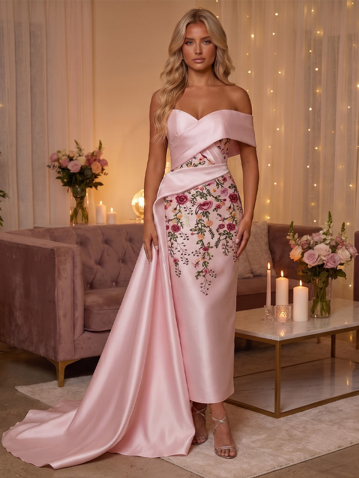 Satin Sheath Off Shoulder Evening Dresses with Floral Embroidery