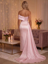 Satin Sheath Off Shoulder Evening Dresses with Floral Embroidery