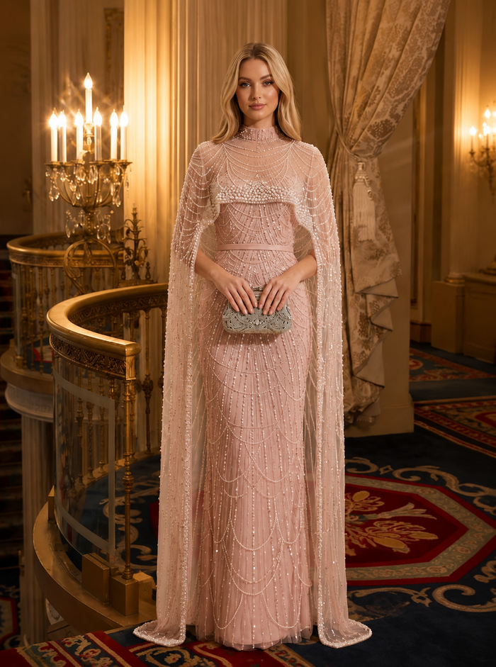 Tulle Sheath High Neck Evening Dresses with Waterfall Curved Layered Beading Layout