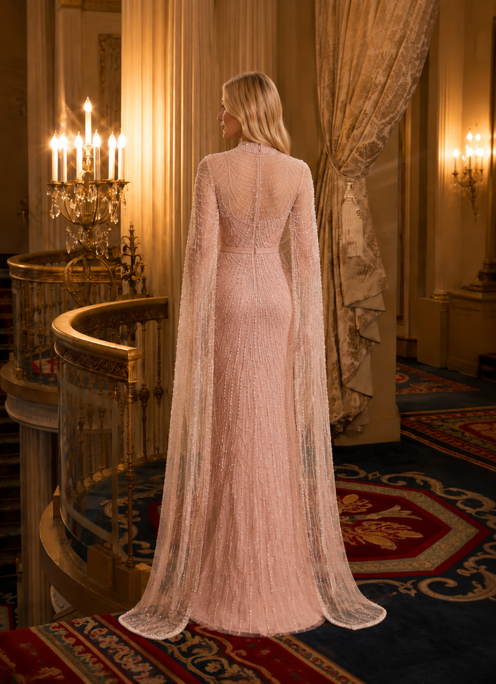 Tulle Sheath High Neck Evening Dresses with Waterfall Curved Layered Beading Layout