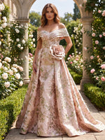 Jacquard A-Line Off Shoulder Evening Dresses with 3D Flowers