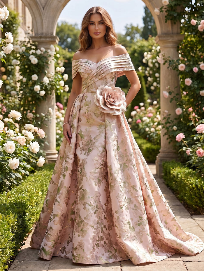 Jacquard A-Line Off Shoulder Evening Dresses with 3D Flowers