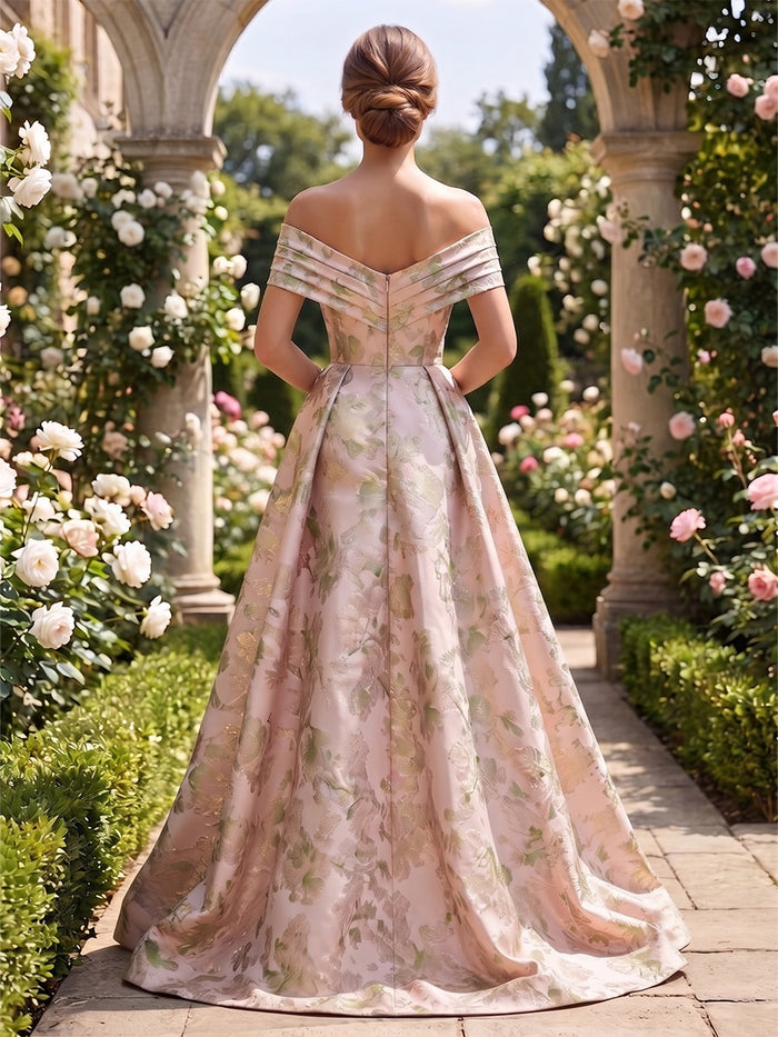 Jacquard A-Line Off Shoulder Evening Dresses with 3D Flowers