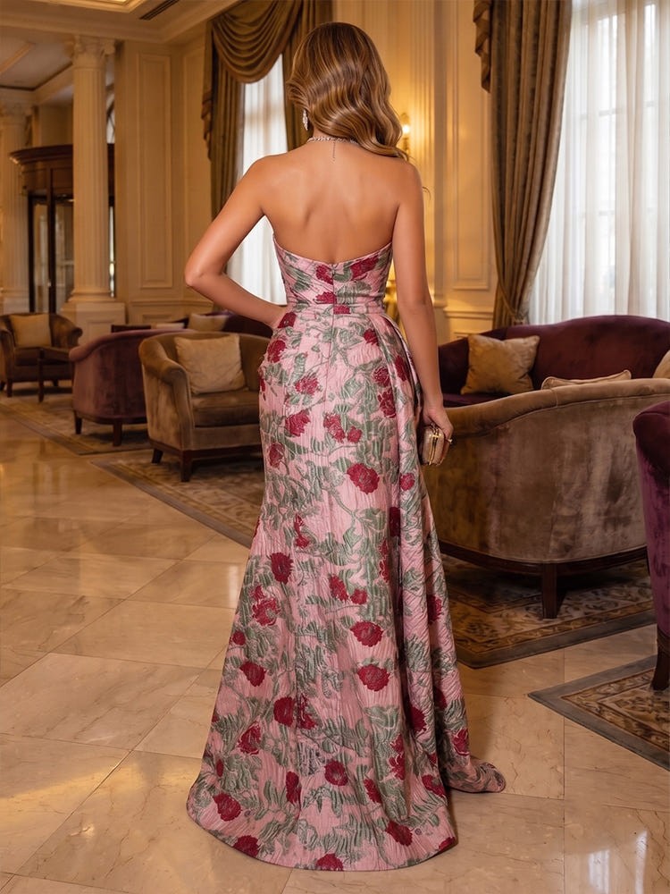 Jacquard Mermaid Strapless Evening Dresses with Side Waist Ruched Shaping Detail