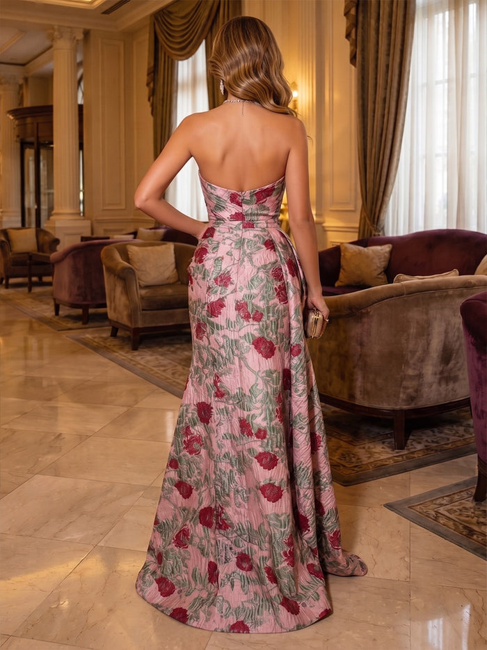 Jacquard Mermaid Strapless Evening Dresses with Side Waist Ruched Shaping Detail