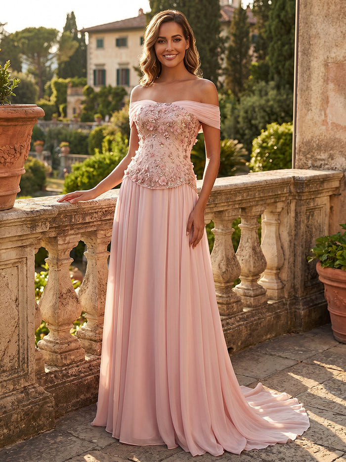 Chiffon A-Line Off Shoulder Evening Dresses with Sequin Embroidery