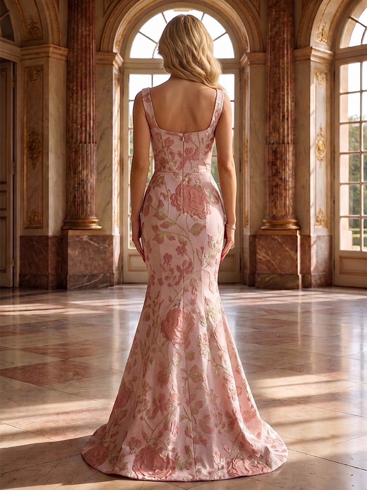 Jacquard Mermaid Cowl Neck Evening Dresses with 3D Flowers