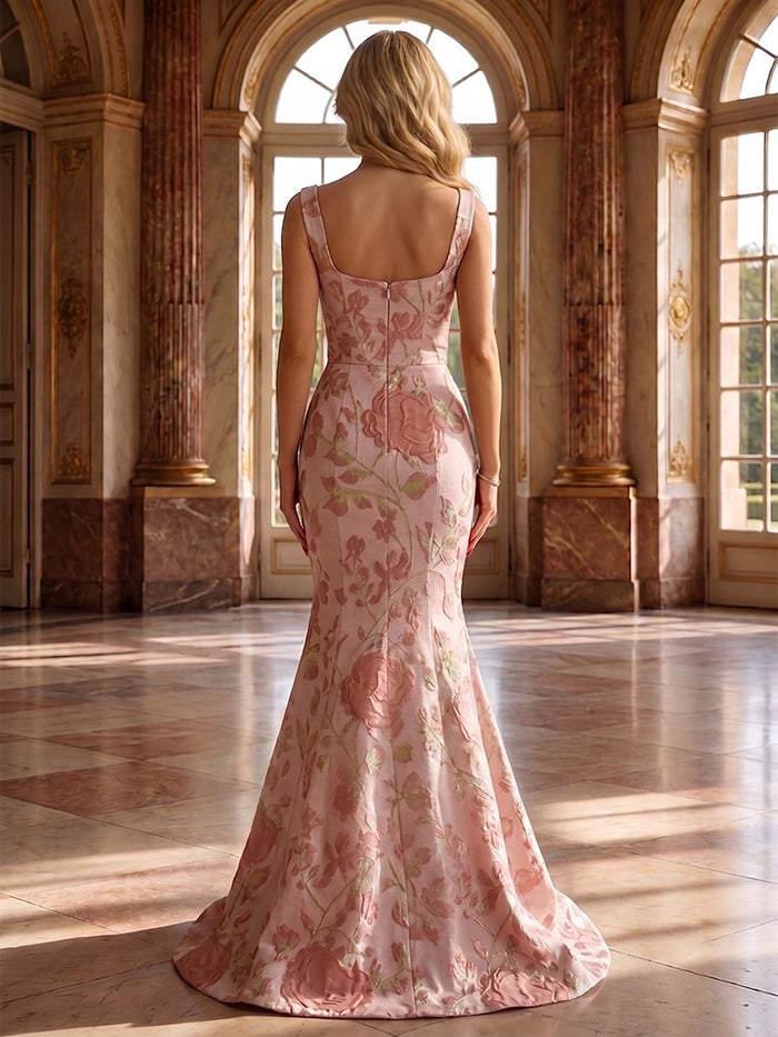 Jacquard Mermaid Cowl Neck Evening Dresses with 3D Flowers