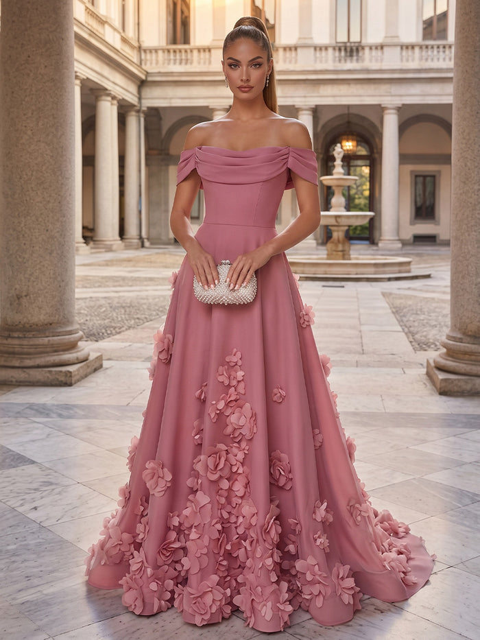 Jersey A-Line Off Shoulder Evening Dresses with 3D Flowers