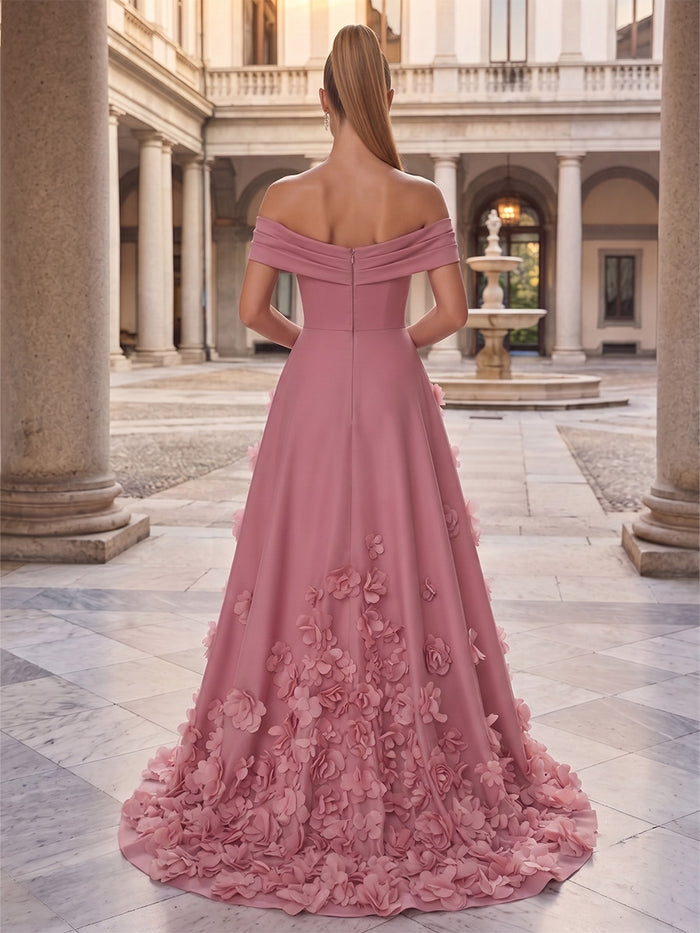 Jersey A-Line Off Shoulder Evening Dresses with 3D Flowers