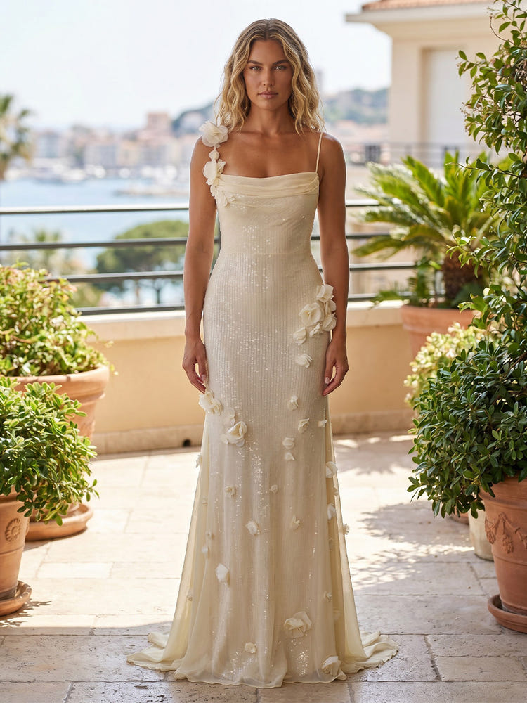 Chiffon Mermaid Spaghetti Straps Evening Dresses with 3D Handmade Fabric Rose