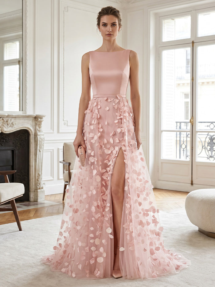 Tulle A-Line Boat Neck  Evening Dresses with 3D Petal Applique
