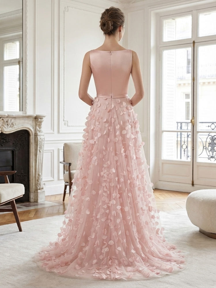 Tulle A-Line Boat Neck  Evening Dresses with 3D Petal Applique