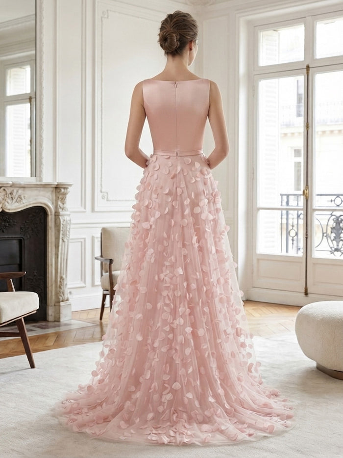 Tulle A-Line Boat Neck  Evening Dresses with 3D Petal Applique