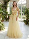 Tulle A-Line Spaghetti Straps Evening Dresses with Hand-Stitched 3D Yellow Floral
