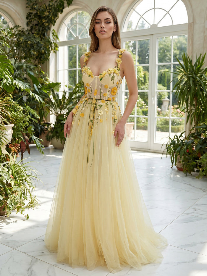 Tulle A-Line Spaghetti Straps Evening Dresses with Hand-Stitched 3D Yellow Floral