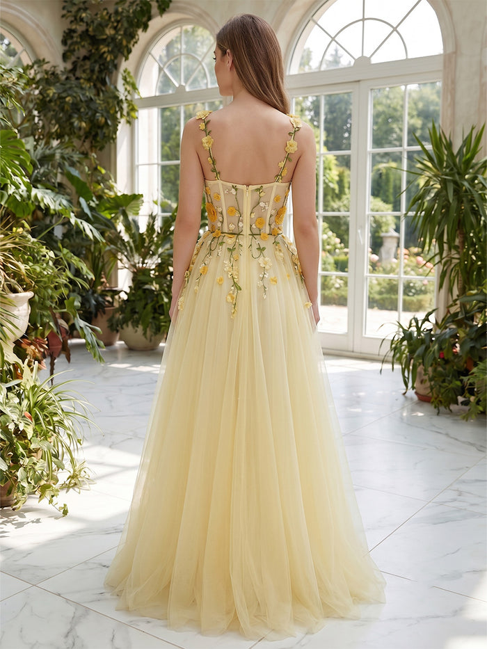 Tulle A-Line Spaghetti Straps Evening Dresses with Hand-Stitched 3D Yellow Floral
