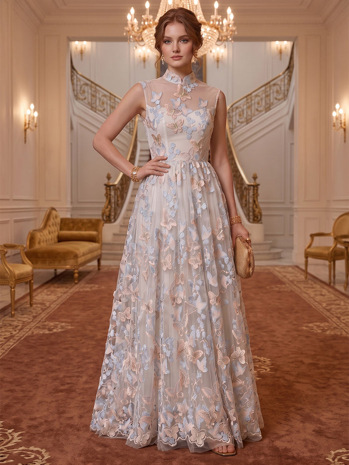 Tulle A-Line High Neck Evening Dresses with 3D Butterfly Lace Applique