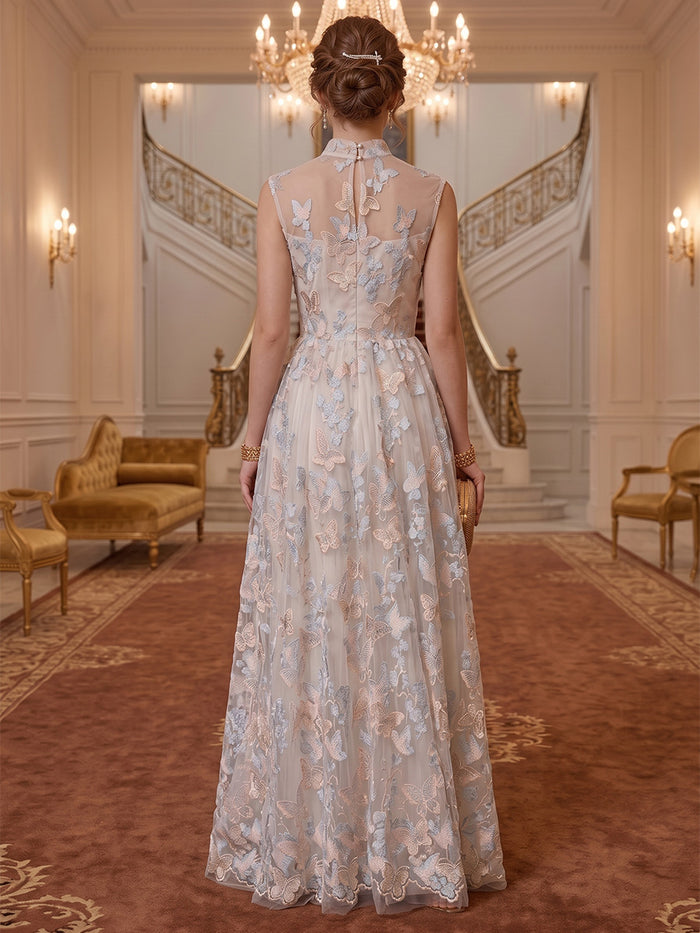 Tulle A-Line High Neck Evening Dresses with 3D Butterfly Lace Applique