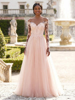 Tulle A-Line Off Shoulder Evening Dresses with Lace Applique