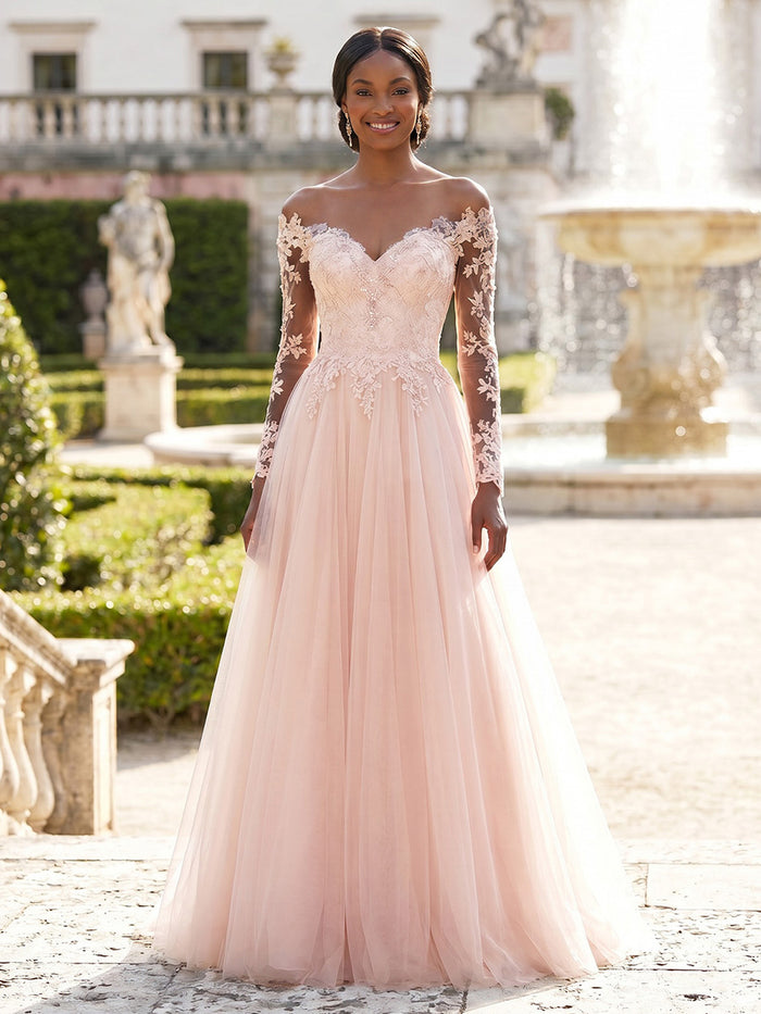 Tulle A-Line Off Shoulder Evening Dresses with Lace Applique