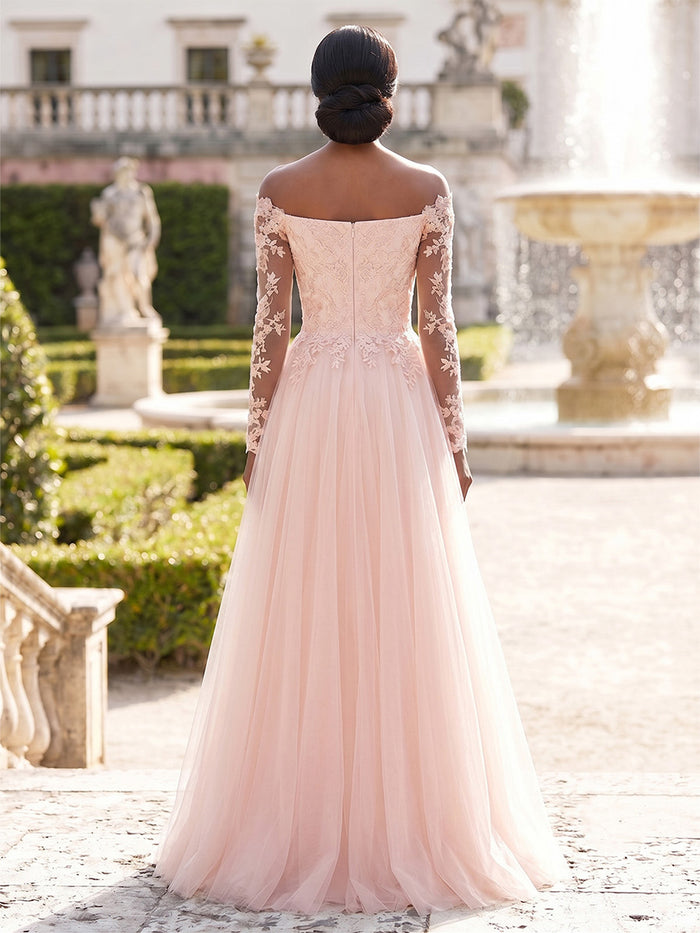 Tulle A-Line Off Shoulder Evening Dresses with Lace Applique