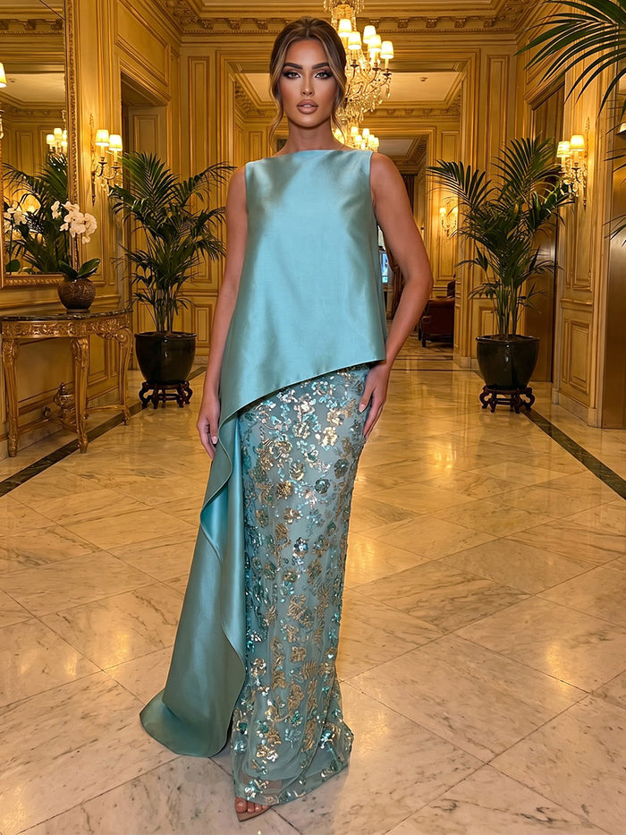 Satin Mermaid Boat Neck  Evening Dresses with Sequin Embroidery