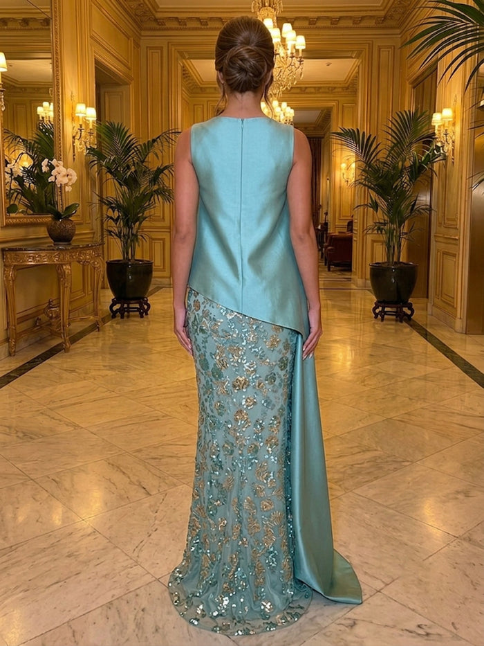 Satin Mermaid Boat Neck  Evening Dresses with Sequin Embroidery