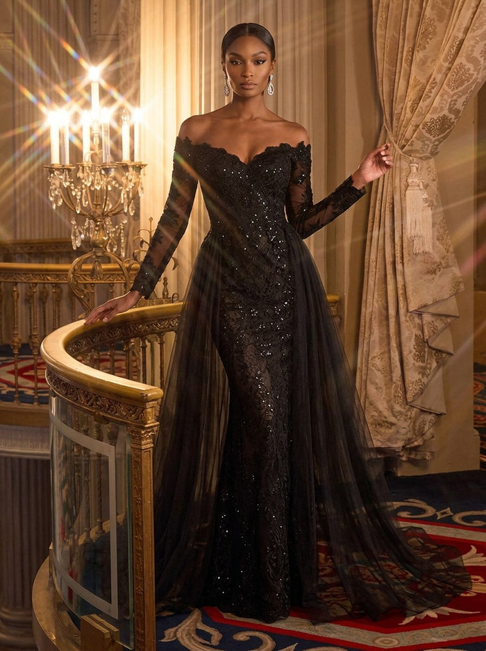 Tulle Mermaid Off Shoulder Evening Dresses with High-Density Embossed Lace Fabric With Sequin Stitching