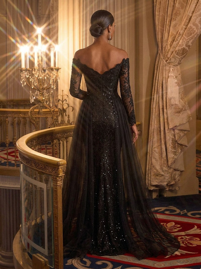 Tulle Mermaid Off Shoulder Evening Dresses with High-Density Embossed Lace Fabric With Sequin Stitching