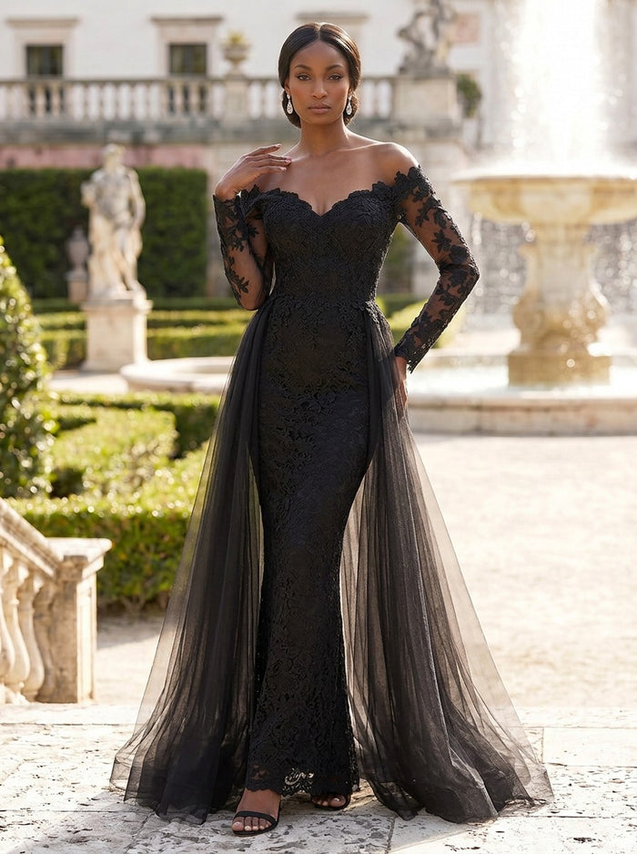 Tulle Mermaid Off Shoulder Evening Dresses with Lace Applique