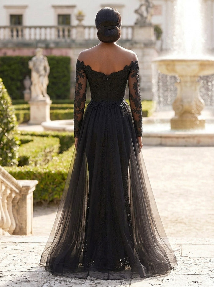 Tulle Mermaid Off Shoulder Evening Dresses with Lace Applique