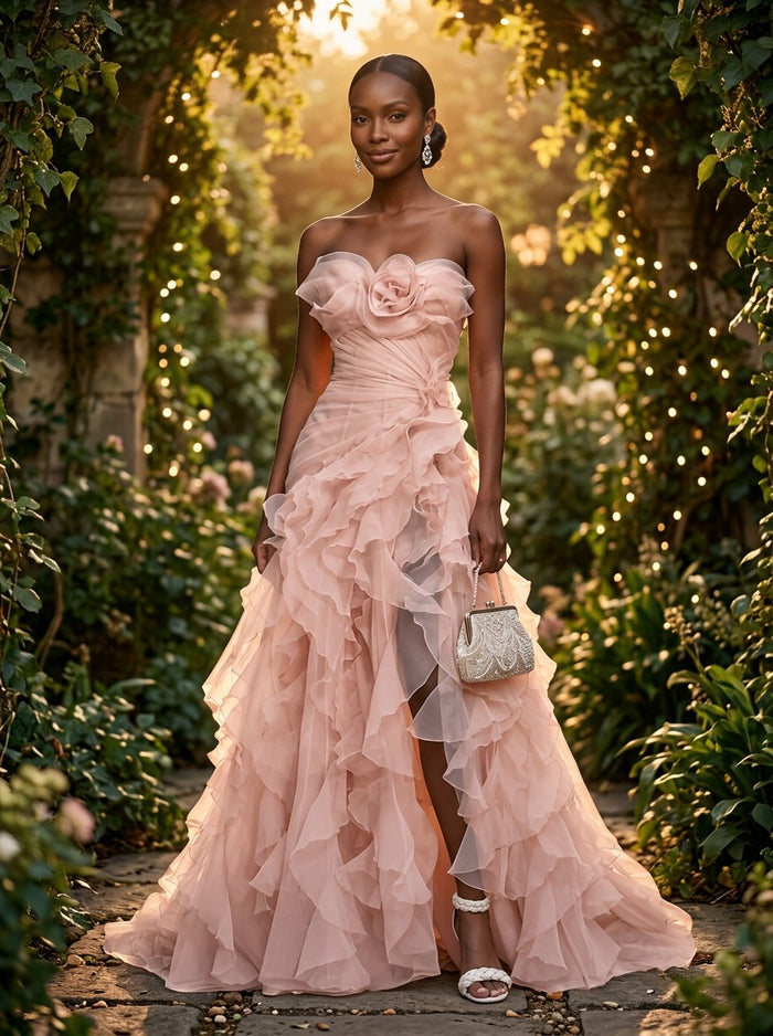 Chic A-Line Strapless Organza Evening/Formal Red Carpet Gown Dresses with 3D Flowers