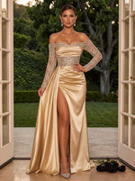 Satin Mermaid Off Shoulder Evening Dresses with Side Waist Ruched Shaping Detail