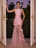 Satin Mermaid Boat Neck  Evening Dresses with Tull Hem