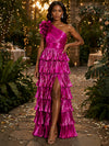 Metallic Satin A-Line One Shoulder Evening Dresses with 3D Flowers