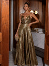 Metallic Satin Simple Spaghetti Straps Pantsuit with Delicate Pleated