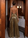 Metallic Satin Simple Spaghetti Straps Pantsuit with Delicate Pleated