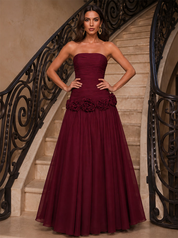 Chiffon A-Line Strapless Evening Dresses with 3D Flowers