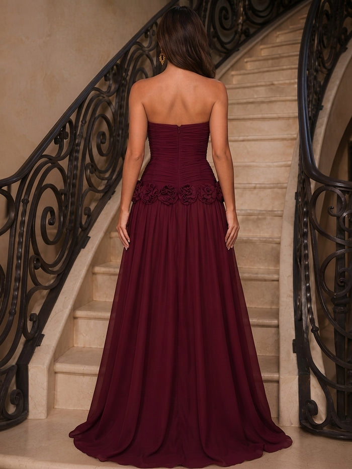 Chiffon A-Line Strapless Evening Dresses with 3D Flowers